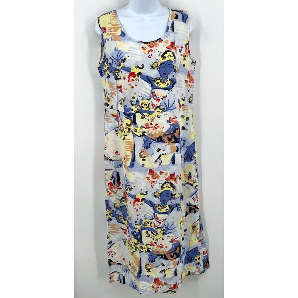 Jams World 100% Rayon Sleeveless Dress Thai Dancers Blue Goddess Vintage Size M - Picture 3 of 9